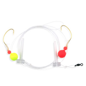 Aqua-Clear, Hi-Lo Pomano Snapper Rig, Pompano/Snapper/Whiting/Spot, Size 2 Kahle Hook, AFW Swivel, 40 lb / 18.1 kg GS Mono, T-Standoff, Red Beads, Red & Chartreuse Float