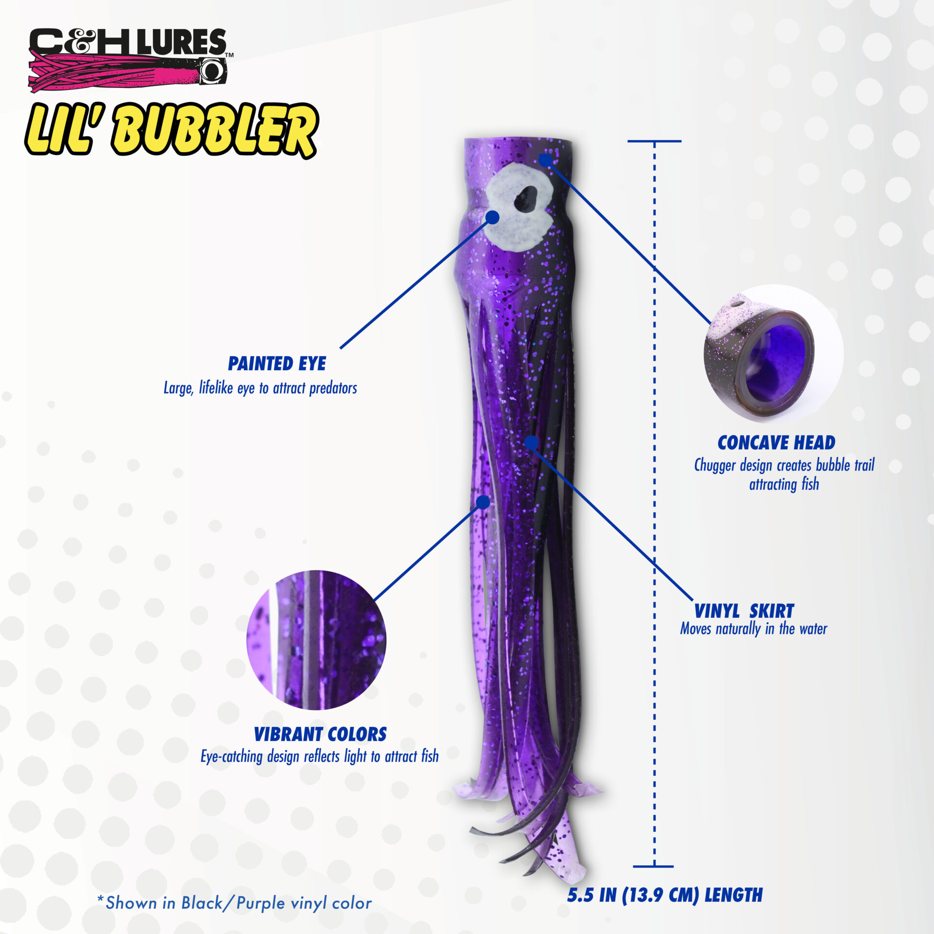 C&H, Lil Bubbler Lure, Green/Chartreuse/Orange Skirt, Concave Head, 5.5 in / 14 cm - Image 4